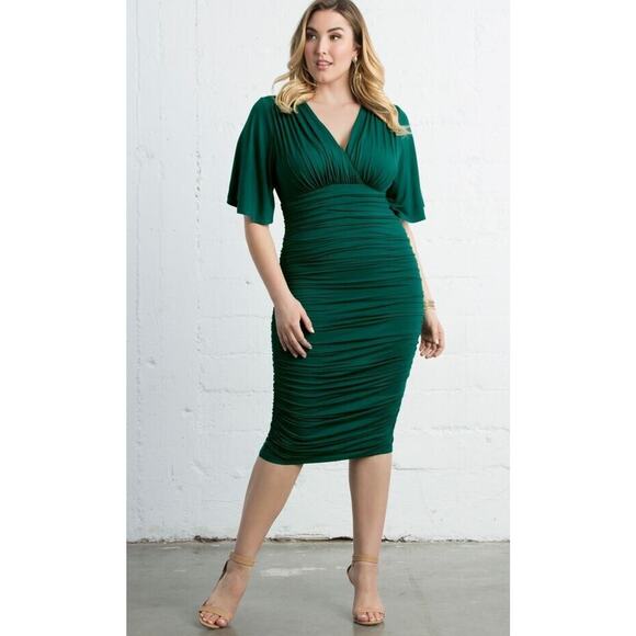 Kiyonna Women Dress 4X Rumor Ruched Sexy Bodycon V Neck Green Flutter Sleeves - Picture 12 of 15